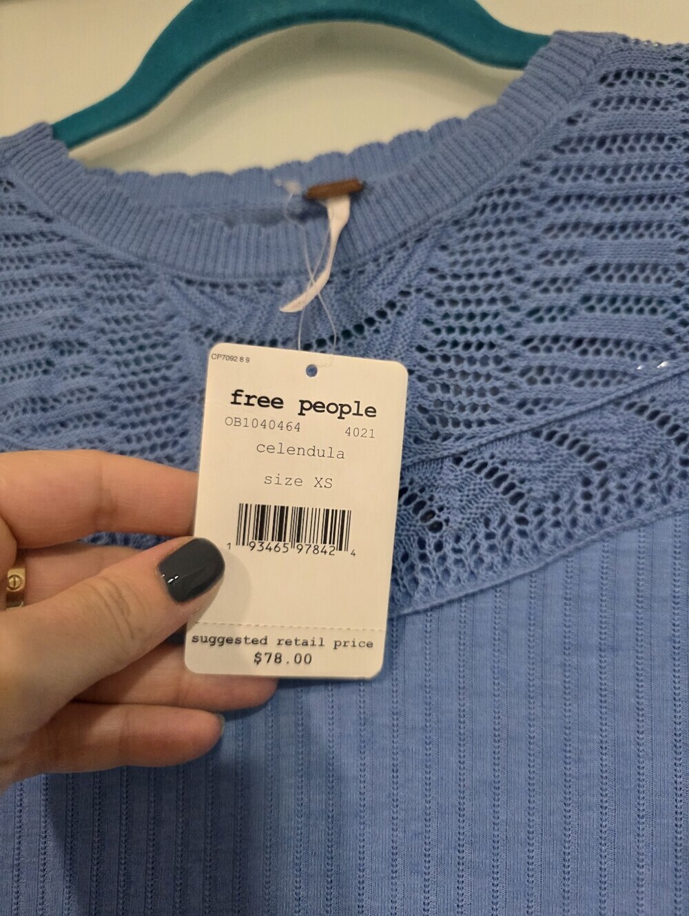 Free People Colette Blue Pointelle Ribbed Knit Sweater XS NWT - Picture 11 of 16